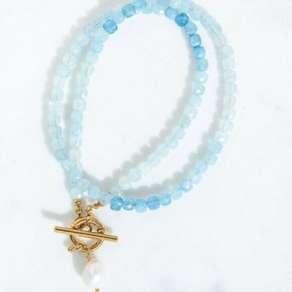Aquamarine Beaded Necklace Ocean Blue Gemstone Jewelry Waterproof Vacation Gift - Picture 7 of 14